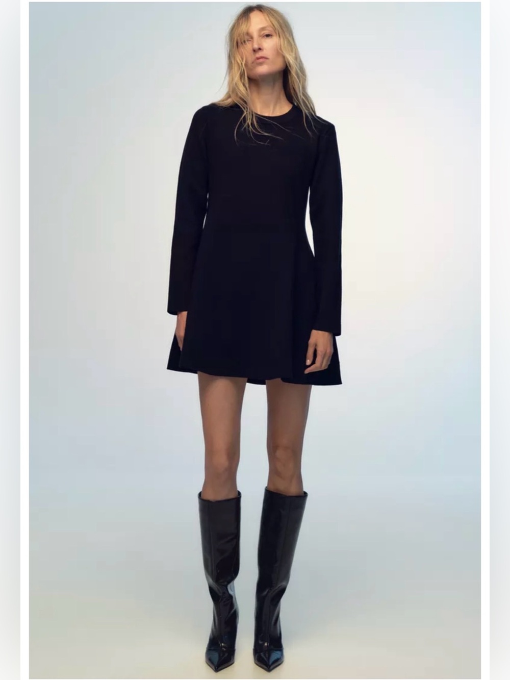 Zara Navy Blue Knit Dress Long Sleeve A-Line Size L NWT